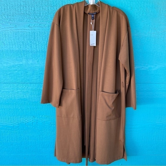 EILEEN FISHER STRETCH PONTE BELTED LONG CARDIGAN COAT IN HAZEL BROWN NWT MEDIUM - Picture 1 of 9